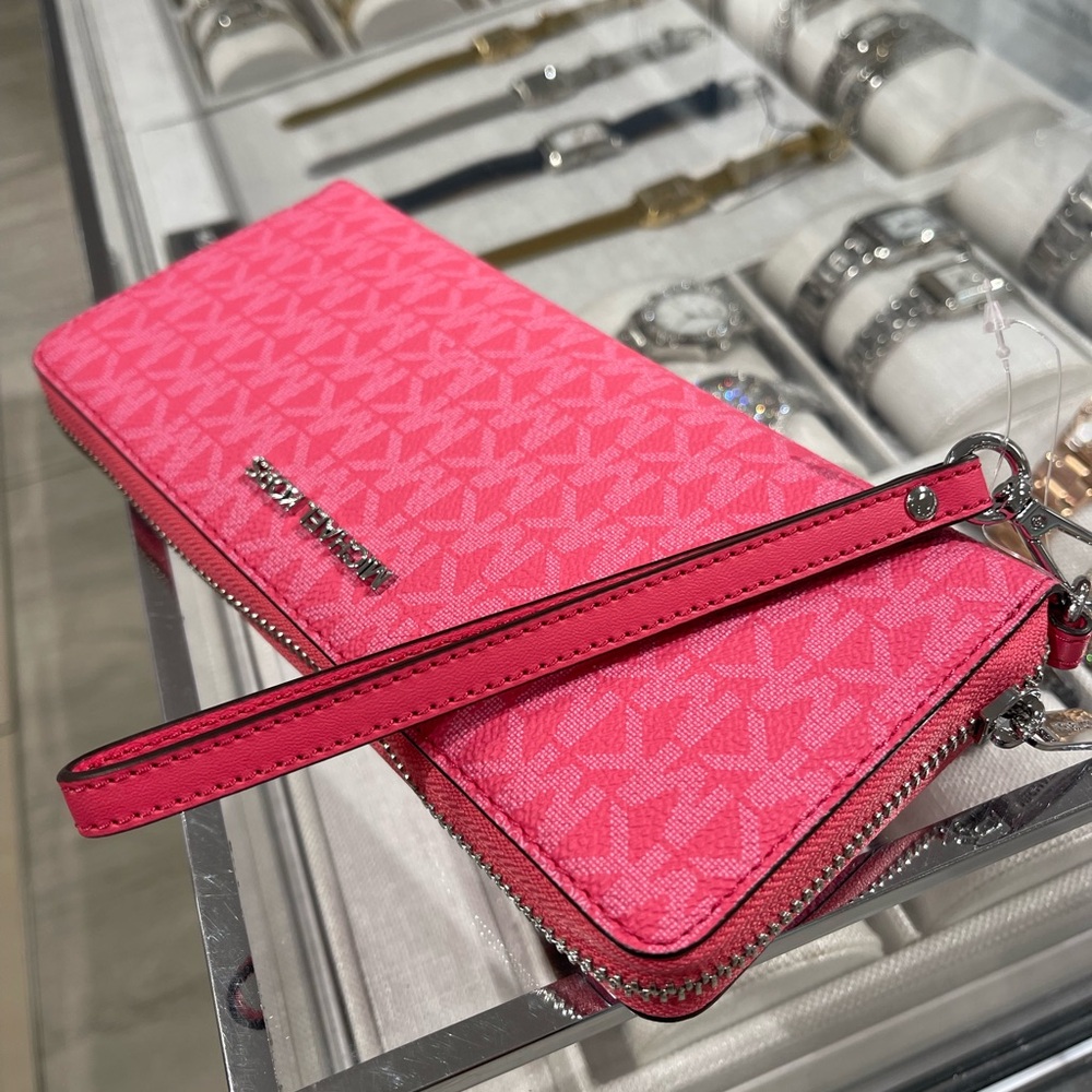 MICHAEL KORS Jet Set Large Signature Logo Continental Wallet Wristlet Hibiscus - Picture 10 of 16